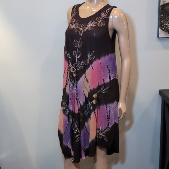 KOHINOOR India Tie Dye Rayon Dress Umbrella Cover Up Embroidered Sleeveless - Picture 6 of 15